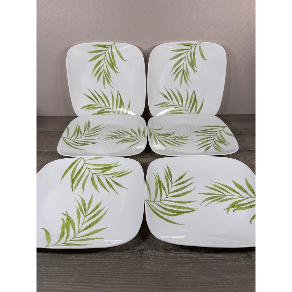 Corelle Palm Leaves Square Dinner Plates Set of 6 Vitrelle Green White 10.5 in